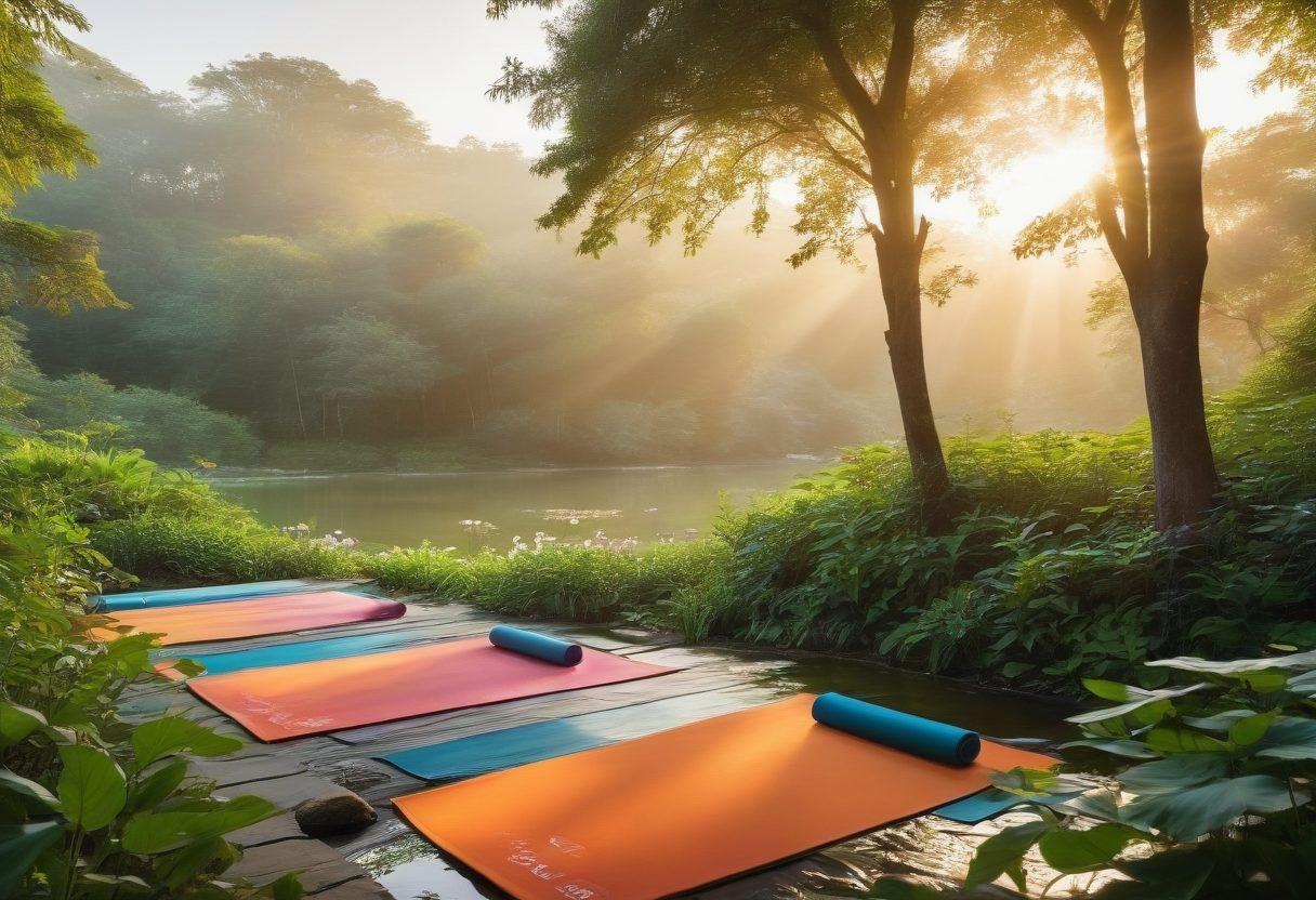 A serene landscape featuring a tranquil yoga scene at sunrise, with diverse individuals practicing mindfulness on mats, surrounded by lush greenery and gentle streams. Incorporate elements representing mental clarity and physical strength, like floating lotus flowers and sturdy trees symbolizing growth. The mood is peaceful and uplifting, inviting viewers to embrace a holistic lifestyle. super-realistic. vibrant colors. peaceful atmosphere.