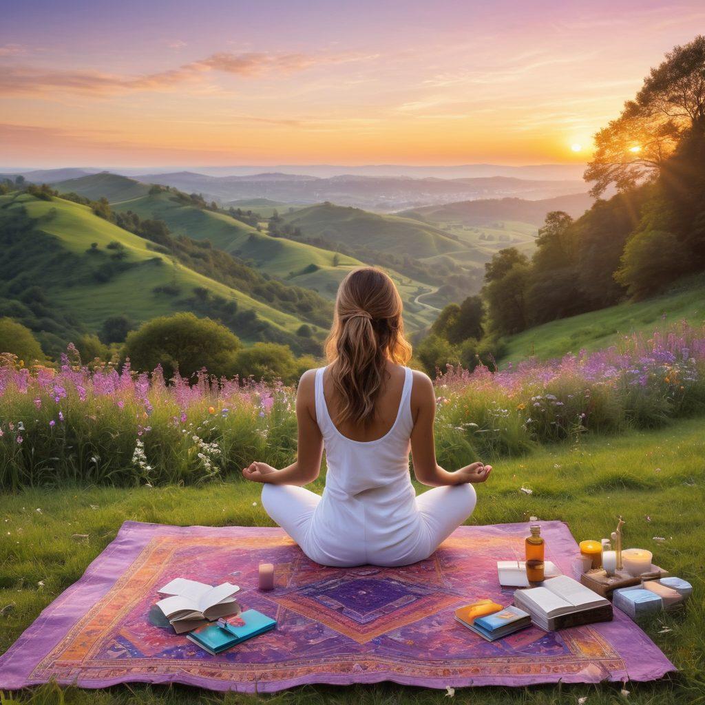 A serene scene featuring a meditative figure sitting cross-legged on a vibrant green hillside at sunrise, surrounded by blooming wildflowers. In the foreground, a collection of wellness essentials like herbal teas, yoga mats, and mindfulness journals. In the background, a soft glowing light representing a harmonious mind-body connection. Artistic style: super-realistic, vibrant colors, tranquil atmosphere.